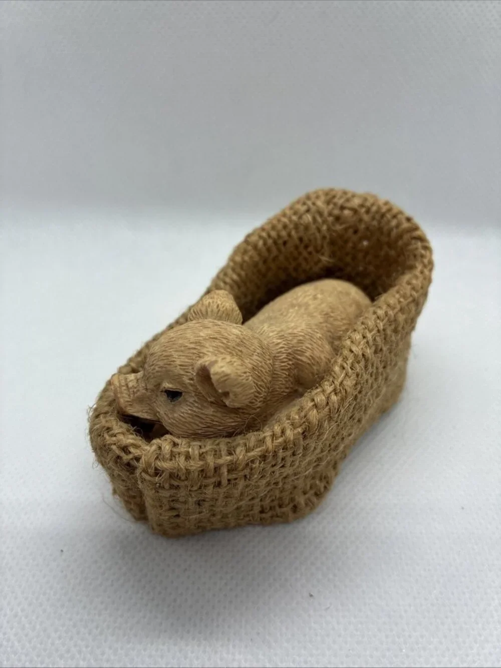 Resin Piglet in Burlap Basket Farmhouse Country Decor Figurine Pig Sculpture